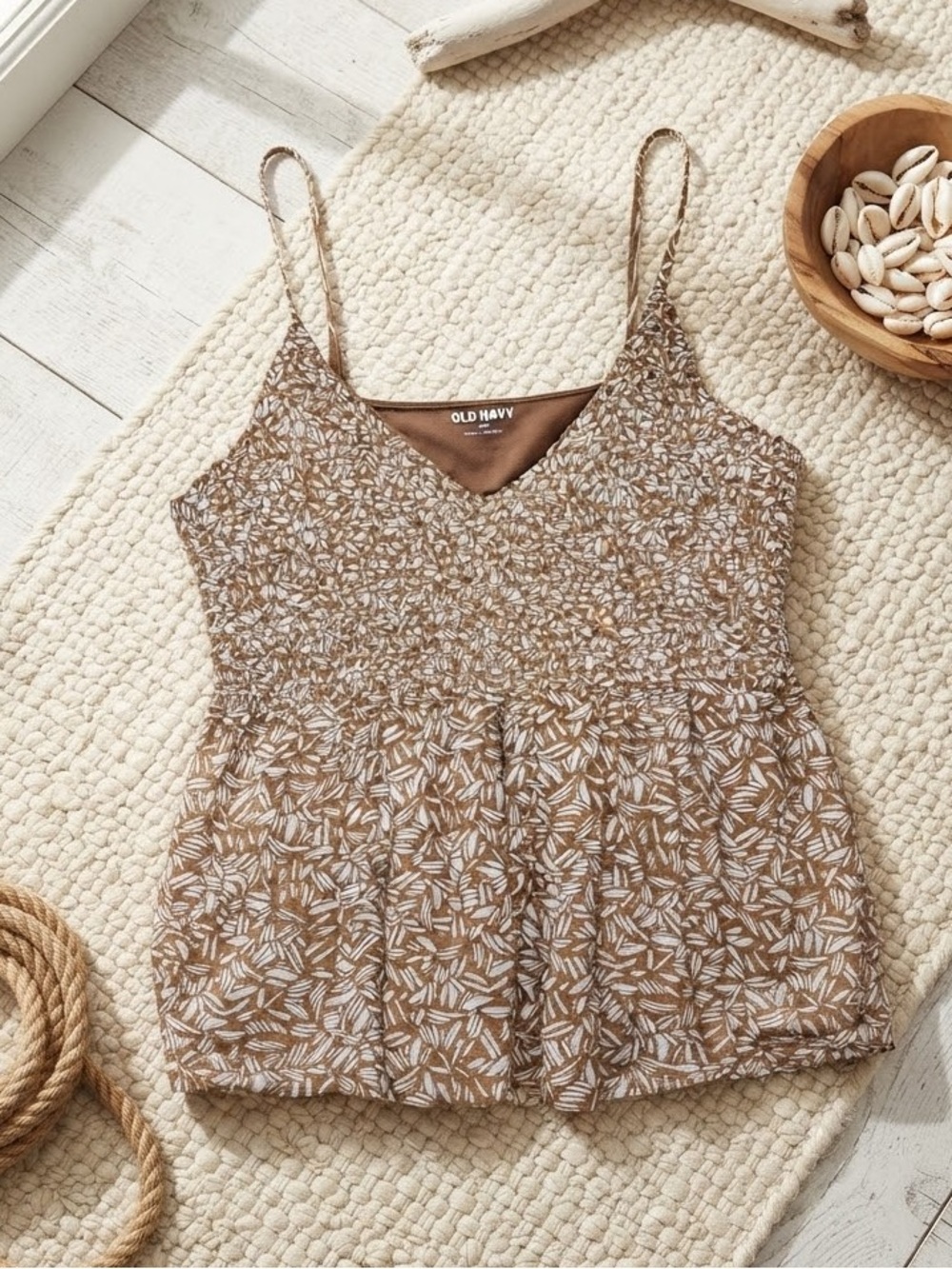 OLD NAVY Earthy Brown Ditsy Floral Smocked Cami Top | Boho Babydoll
